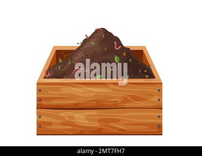 Tas de sol biologique pour le compost dans une boîte en bois, le jardin recyclant les ordures naturelles. Vers de terre et déchets biodégradables. Illustration vectorielle Illustration de Vecteur