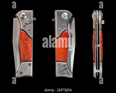 Ensemble de vues différentes sur le couteau pliant isolé sur fond noir Banque D'Images