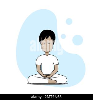 homme robe de couleur blanche méditant isolé dessin animé bleu fond cercle ligne d'art Illustration de Vecteur
