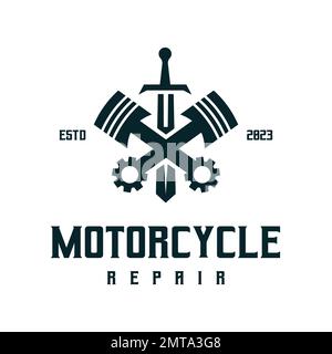 Inspiration croisée du piston du moteur avec les lames. Étiquette de service de réparation de moto Vector vintage Illustration de Vecteur