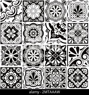 Carreaux de talavera mexicain grande collection, décor sans couture motif vectoriel avec fleurs, feuilles et tourbillons en noir et blanc Illustration de Vecteur