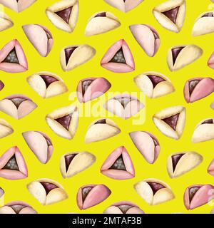 Purim aquarelle sans couture avec biscuits traditionnels Hamantaschen sur fond jaune vif. Banque D'Images