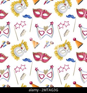 Motif Carnival sans couture avec masques d'aquarelle et accessoires pour cabine photo sur fond blanc pour Mardi gras et Purim. Banque D'Images