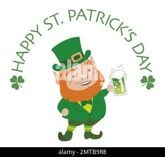 Vector Saint Patrick personnage symbole de la fête tenant Un mug à bière verte isolé sur Un fond blanc. Illustration de Vecteur