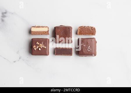 Bonbons faits main au chocolat et morceaux de bonbons coupés avec praline et truffe sur fond blanc avec photo horizontale d'espace de copie Banque D'Images