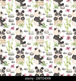 Aquarelle mignon panda avec fleurs illustration isolée sur fond blanc. Motif sans couture de panda animal noir et blanc, pierre, le bambou vert Banque D'Images