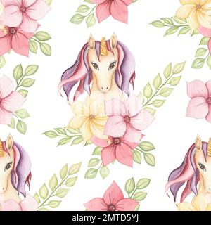 Motif de licorne façon aquarelle isolé avec verdure et bouquets de fleurs roses. Pépinière unicornes aquarelle. Papier de répétition Princess unicorns. Tendance p Banque D'Images