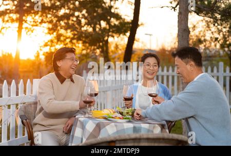Les amis d'âge moyen et les vieux amis au coucher du soleil dans la cour de la fête boire chat Banque D'Images