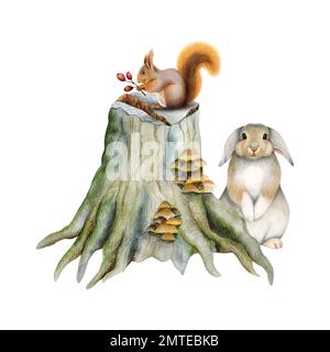 Animaux de bois mignons debout sur une souche avec des champignons. Illustration aquarelle avec lapin et écureuil de forêt isolés sur fond blanc Banque D'Images