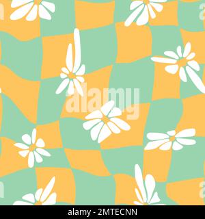1970 fleurs de marguerite déformées sur fond de damier torsadé motif sans couture. Motif hippie rétro et plat. Couverture graphique pour enfants. Illustration vectorielle. Illustration de Vecteur