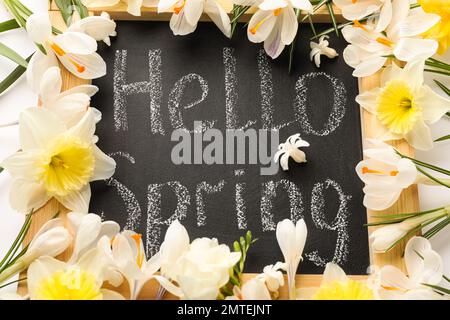 Fleurs fraîches sur le tableau noir avec des mots BONJOUR PRINTEMPS, gros plan Banque D'Images