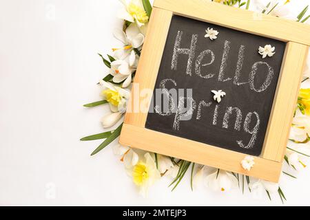 Tableau noir avec mots HELLO SPRING et fleurs fraîches sur fond blanc, plat Banque D'Images