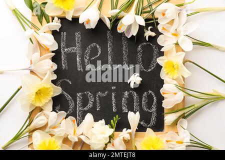 Tableau noir avec mots HELLO SPRING et fleurs fraîches sur fond blanc, plat Banque D'Images