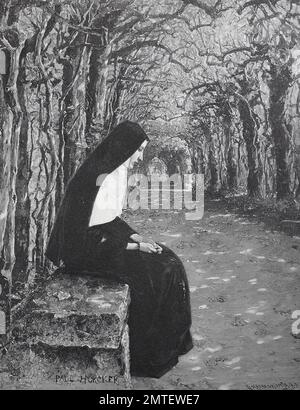 Nonne, nun assis sur un banc dans le parc, par Paul Hoecker, illustration publié en 1880 Banque D'Images