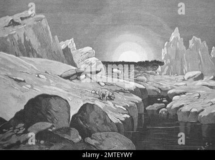 Lever du soleil dans les paysages polaires, 1880, gravure sur bois, l'illustration historique Banque D'Images