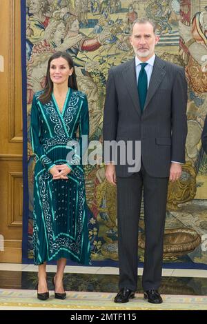Madrid. Espagne. 20230201, le roi Felipe VI d'Espagne, la reine Letizia d'Espagne assiste à une audience avec un représentant de la Fondation espagnole de la Croix-Rouge au Palais Zarzuela sur 1 février 2023 à Madrid, Espagne Banque D'Images