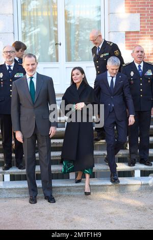 Madrid. Espagne. 20230201, le roi Felipe VI d'Espagne, la reine Letizia d'Espagne assiste à une audience de la session plénière de la Commission nationale pour la commémoration du bicentenaire de la police nationale. Au Palais Zarzuela sur 1 février 2023 à Madrid, Espagne Banque D'Images
