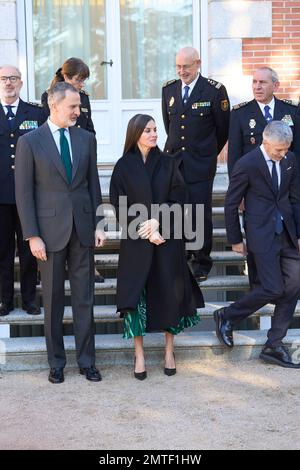 Madrid. Espagne. 20230201, le roi Felipe VI d'Espagne, la reine Letizia d'Espagne assiste à une audience de la session plénière de la Commission nationale pour la commémoration du bicentenaire de la police nationale. Au Palais Zarzuela sur 1 février 2023 à Madrid, Espagne Banque D'Images