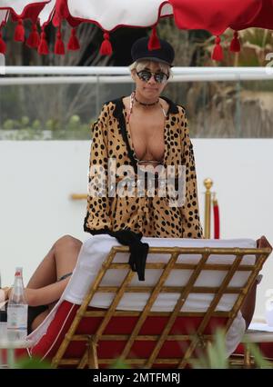 Rita Ora est située près de la piscine dans un tout nouvel hôtel de Miami, en Floride. Rita a été rejointe par sa sœur pour les vacances, et le propriétaire de l'hôtel est venu la saluer personnellement. 3rd janvier 2016. Banque D'Images