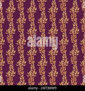 Motif sans couture avec motif de branches verticales. arrière-plan violet. Design tendance sans coutures avec feuilles dorées. Couleur Tuberose Illustration de Vecteur