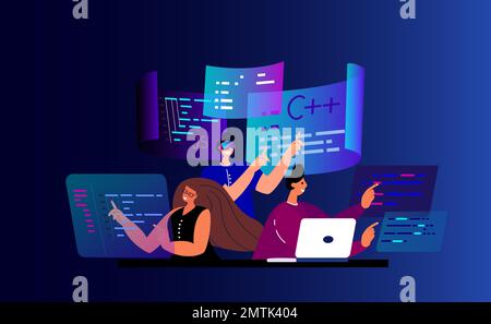 Équipe de programmeurs EN INFORMATIQUE travaillant sur le développement Web sur les ordinateurs. Concept de programmation et de codage de script en php, python,javascript,autres langages.Sod Banque D'Images