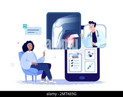 Traumatologist en ligne Homme orthopédiste Docteur Consultate femme patient.douleur dans genou inflammation des articulations, arthrose diagnostic Checkup.Internet Trea Banque D'Images