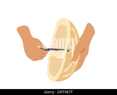 Fromage gastronomique raclette.main tenant morceau de délicieux crochees crémeux et raclant avec le couteau partie fondue.illustration vectorielle plate colorée de suisse,Fre Banque D'Images