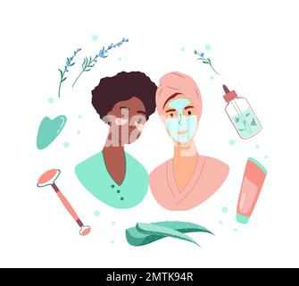 Afro American Dark Skin, deux femmes avec des masques faciaux en argile et des taches oculaires sur leurs visages.traitement de soin de peau de spa.masseurs de rouleau facial et guache scr Banque D'Images