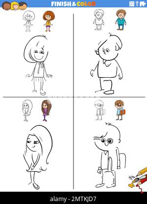 Illustration de dessin et de coloriage des feuilles de travail éducatives mises en place avec les enfants Illustration de Vecteur