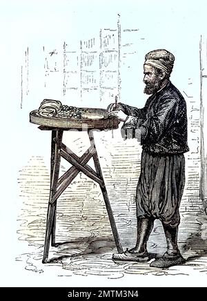 Berufe in Konstantinopel, Türkei, im Jahre 1880, Kastanienverkäufer / professions à Constantinople, Turquie, en 1880, vendeur de châtaigniers, Historisch, Historique, numérique reproduction améliorée d'un original du 19th centu, genaues Originaldatum nicht bekannt Banque D'Images