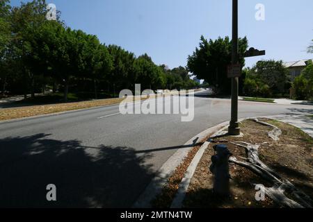 EXCLUSIF !! - Simon Cowell a-t-il rejoint l’élite de Beverly Hills qui ignore les restrictions strictes de Los Angeles en matière d’eau ? Son manoir de Beverly Hills, recherché par Palm Drive, est à l'intérieur de la vue des zones de la ville où l'eau a été coupée en raison de la sécheresse record de cinq ans en Californie du Sud, mais sa propriété reste luxuriante et verte. La médiane de l’herbe jaune du Sunset Boulevard, 50ft à droite, clairement indiquée par des avertissements de sécheresse, correspond à la pelouse en train de mourir du voisin de Cowell, 50ft à gauche de sa propriété à Los Angeles, en Californie. 1st août 2016. Banque D'Images