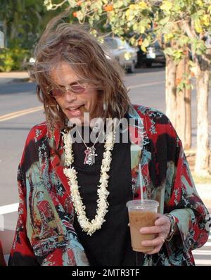 EXCLUSIF !! Un look sain et heureux Steven Tyler a été repéré à l'extérieur et à propos avec Erin Brady à Hawaï hier. Il a attrapé un café glacé et a roulé le long de fumer un cigare. La rockstar récemment rehabbed s'est également trompée autour de porter une fleur de tradition Lei autour de sa tête. Maui, Hawaï. 3/19/10. . Banque D'Images