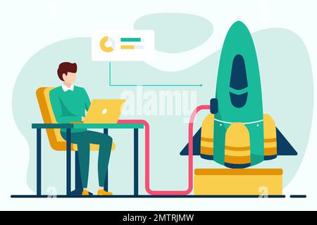 Illustration du vecteur métier de démarrage. Conception plate. Homme d'affaires avec ordinateur portable assis à la table et travaillant sur la fusée. Illustration de Vecteur