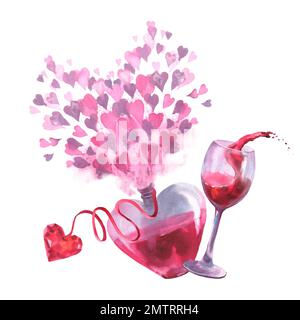 Élixir de potion d'amour d'aquarelle dans une bouteille en forme de coeur avec cristal sur le ruban et illustration de vin de verre sur fond d'aquarelle rose avec éclaboussures. F Banque D'Images