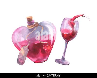 Aquarelle amour potion élixir en forme de coeur bouteille et verre vin illustration sur fond blanc avec éclaboussures. Pour la Saint-Valentin, la fête des mères Banque D'Images