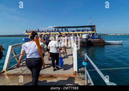 Olhao, Portugal: 14 avril 2022 - personnes marchant le long de la jetée de l'île d'Armona, au Portugal, après le voyage en naviguant Ria Formosa de la ville d'Olhao Banque D'Images