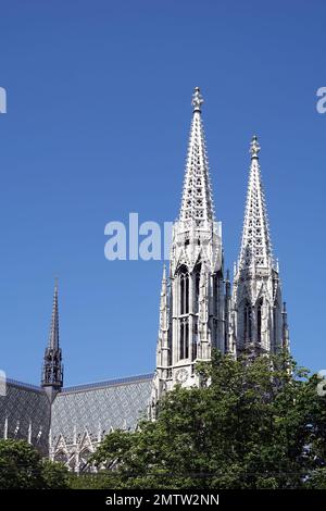 Deux hautes flèches sur Votivkirche et le toit de l'église s'élèvent au-dessus des branches d'arbres verts dans la partie centrale de Vienne Banque D'Images