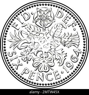 Pièce de monnaie britannique 60 pièces, revers avec motif fleuri. Noir et blanc Illustration de Vecteur