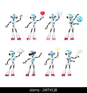 Ensemble de robot mignon de dessin animé dans diverses poses Illustration de Vecteur