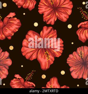 Motif vectoriel sans couture de fleurs d'hibiscus rouges avec des confettis dorés sur fond noir. Répétition de la toile de fond tropicale. Papier peint de jungle exotique. Illustration de Vecteur
