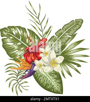 Composition vectorielle tropicale de l'hibiscus rouge, de la plumeria blanche, de la monstère et des feuilles de palmier isolées sur fond blanc. Styl aquarelle réaliste et lumineux Illustration de Vecteur