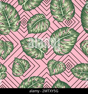 Motif géométrique vectoriel sans couture avec feuilles de monstère vertes sur fond rose. Répétition de la toile de fond tropicale. Papier peint de jungle exotique tendance. Illustration de Vecteur