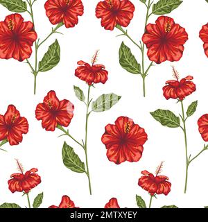 Motif vectoriel sans couture de branches d'hibiscus rouges isolées sur fond blanc. Répétition de la toile de fond tropicale. Papier peint de jungle exotique. Illustration de Vecteur