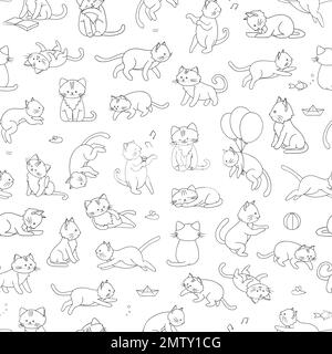 Motif vectoriel sans couture de chat mignon de style dessin animé dans différentes poses. Illustration de caractère animal pour les enfants. Dessins de ligne dessinés à la main de Funny ki Illustration de Vecteur