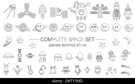 Grand ensemble vectoriel d'éléments d'espace pour les enfants. Collection de dessins au trait de vaisseau spatial, satellite, vaisseau spatial, planètes, astronautes, star, ovni, météore, co Illustration de Vecteur