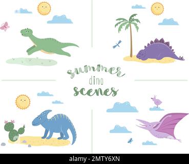 Scènes d'été avec de jolis dinosaures. Illustration avec des dinos jouant, dormant, bains de soleil, courant. Illustration de reptiles préhistoriques amusants pour childre Illustration de Vecteur