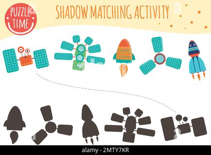 Activité d'appariement des ombres pour les enfants. Techniques spatiales. Personnages souriants et mignons Illustration de Vecteur