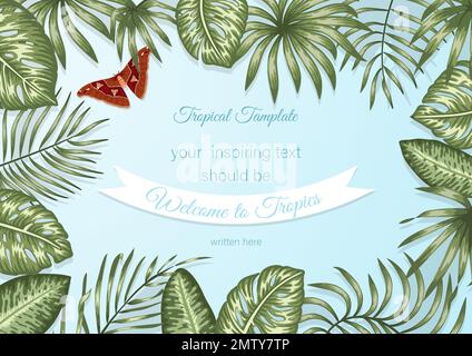 Modèle de cadre vectoriel avec feuilles tropicales et Moth atlas sur fond bleu. Carte de mise en page horizontale avec emplacement pour le texte. Motif printemps ou été pour Illustration de Vecteur