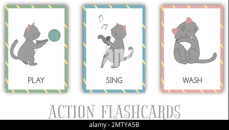 Jeu vectoriel d'actions cartes flash avec Cat. Un personnage mignon jouant, chantant, se lavant. Cartes pour l'apprentissage précoce. Illustration de Vecteur