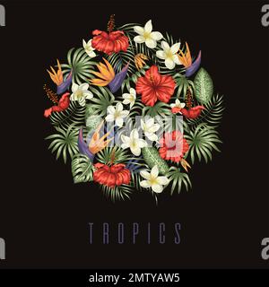 Composition vectorielle de feuilles tropicales vertes avec fleurs de plumeria, de strelitzia et d'hibiscus encadrées en cercle sur fond noir. Trop. D'été ou de printemps Illustration de Vecteur